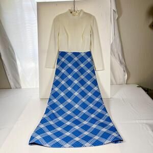Vintage Kay Windsor Dress Womens Small Blue White Plaid Long Sleeve Maxi 60s Mod
